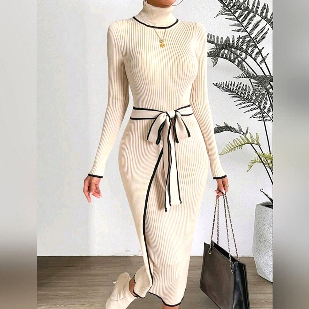New Luxe Wrap Front Bodycon Ribbed Knit Dress Long Midi Cream Ivory Black - Picture 4 of 7